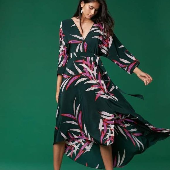 Diane Von Furstenberg Dresses & Skirts - $468 DIANE VON FURSTENBERG QUINCY HUNTER PALM LEAVES SILK WRAP EFFECT MIDI DRESS